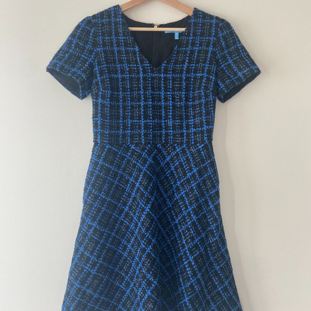 Draper James Blue and Black Tweed Plaid Winter Short. Sleeve Dress Small
